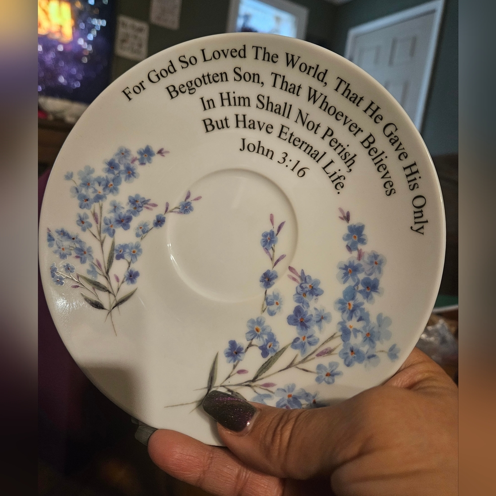 Rare 2pc Vintage Kent Pottery Blue White For God So Loved Cup & Saucer Set 12oz. - Picture 4 of 10